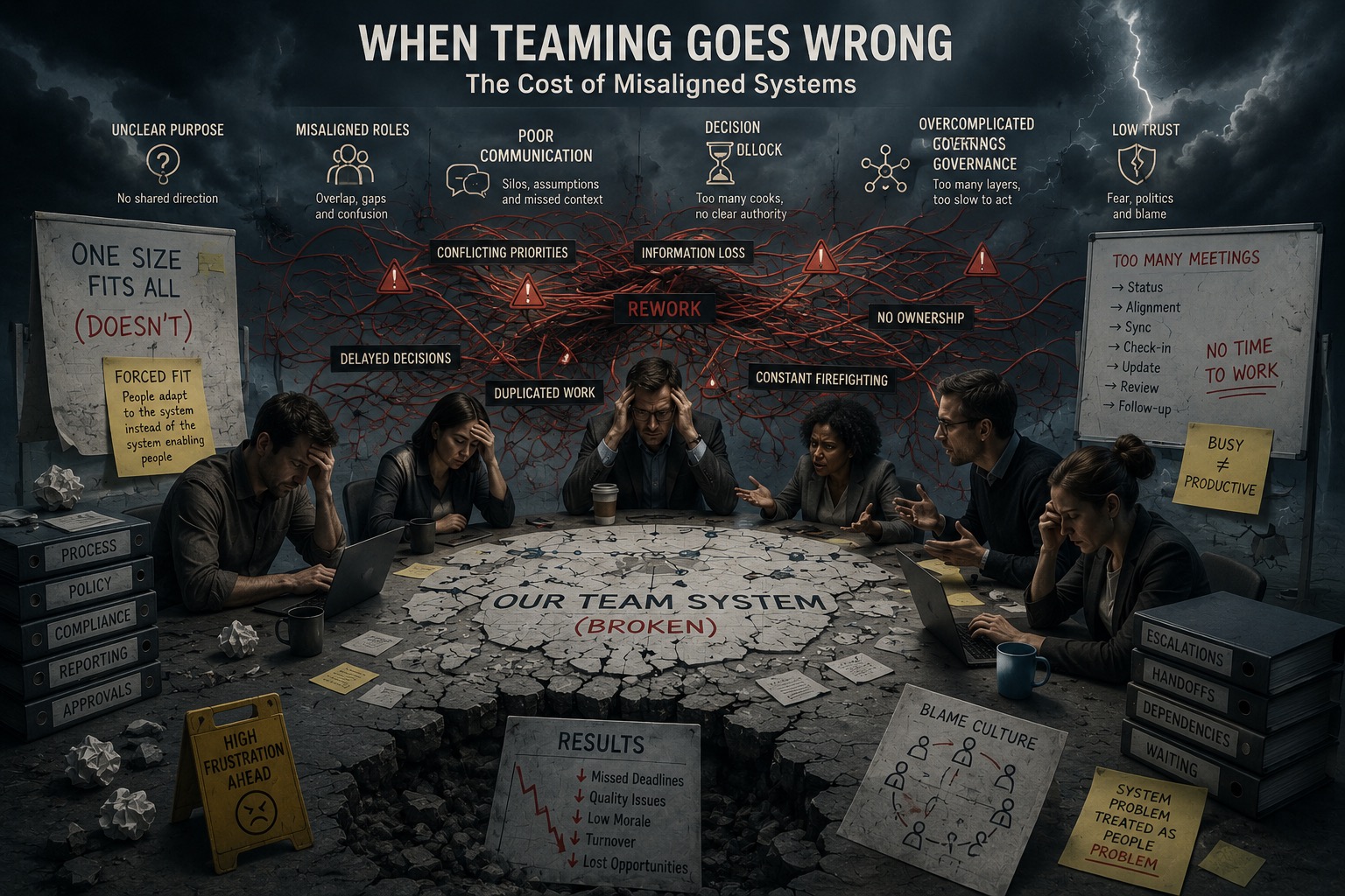Illustration titled 'When teaming goes wrong: the cost of misaligned systems' showing a fractured team surrounded by unclear purpose, misaligned roles, poor communication, decision blocks, overcomplicated governance and low trust.
