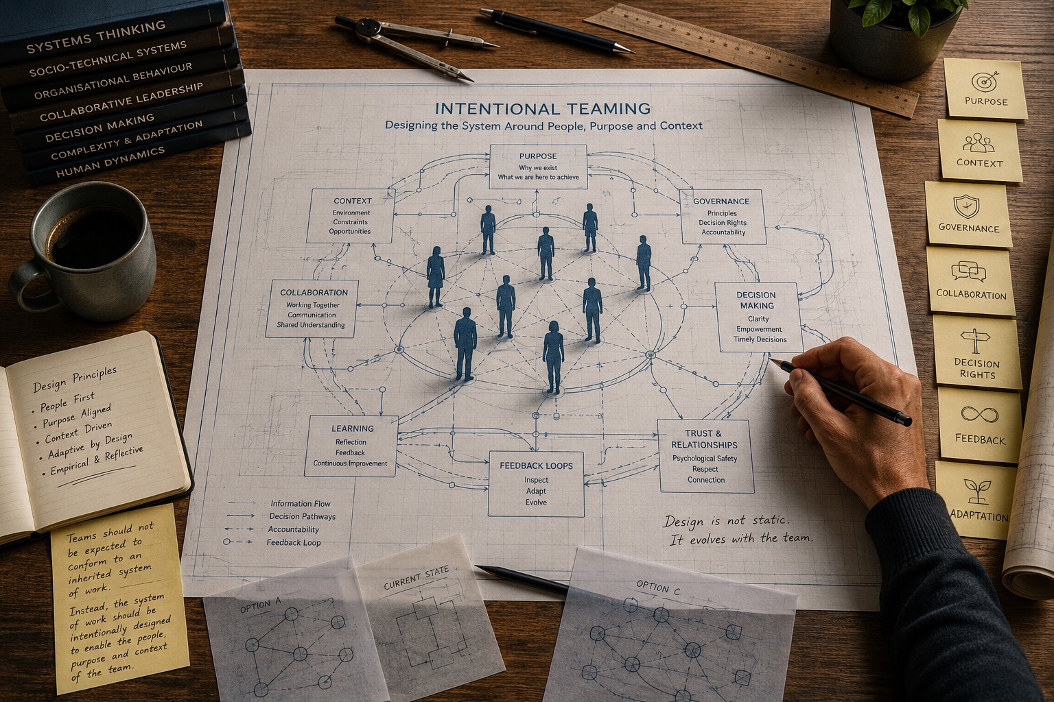 Blueprint-style diagram of Intentional Teaming showing purpose, context, governance, collaboration, decision making, learning, feedback loops and trust and relationships arranged around a team of people, with design principles and reference stickers.